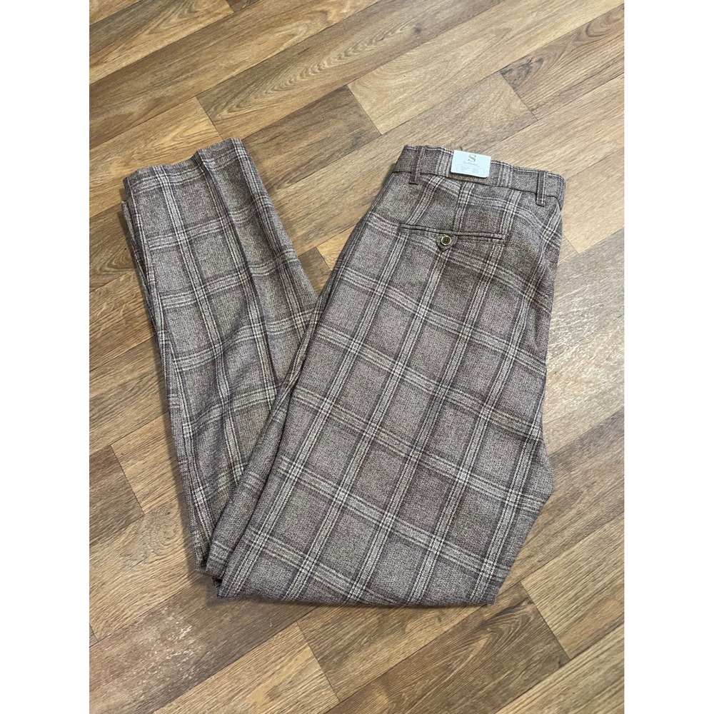 SilverSilk Mens Brown Plaid Dress Pants 38x34 Flat Front Trousers NWT - Picture 2 of 8